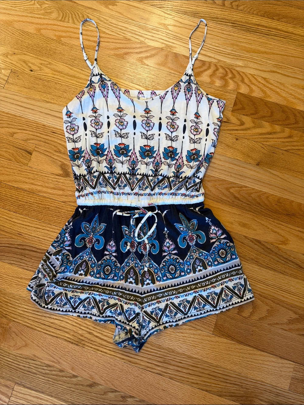 Aeropostale Blue, White & Teal Floral Print Romper